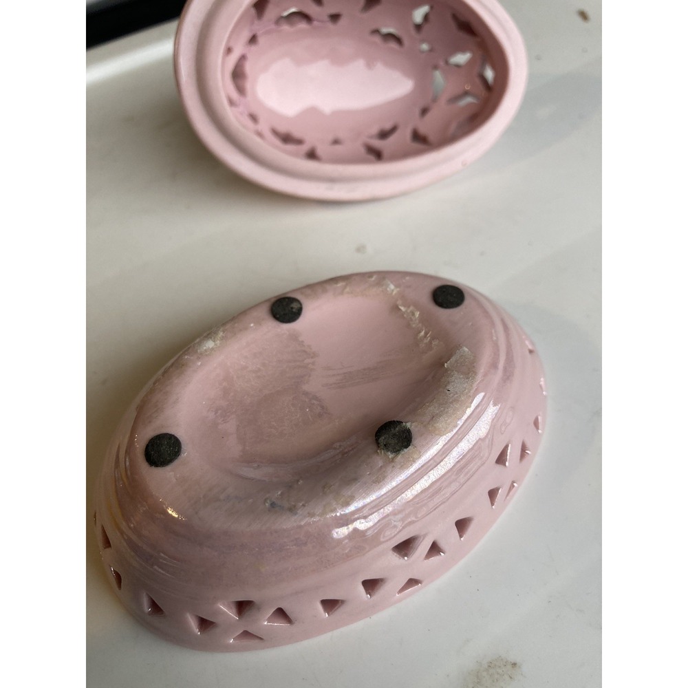 VTG Reticulated Porcelain Egg Shaped Pink Trinket Some Leafs Are Broken - Picture 11 of 11